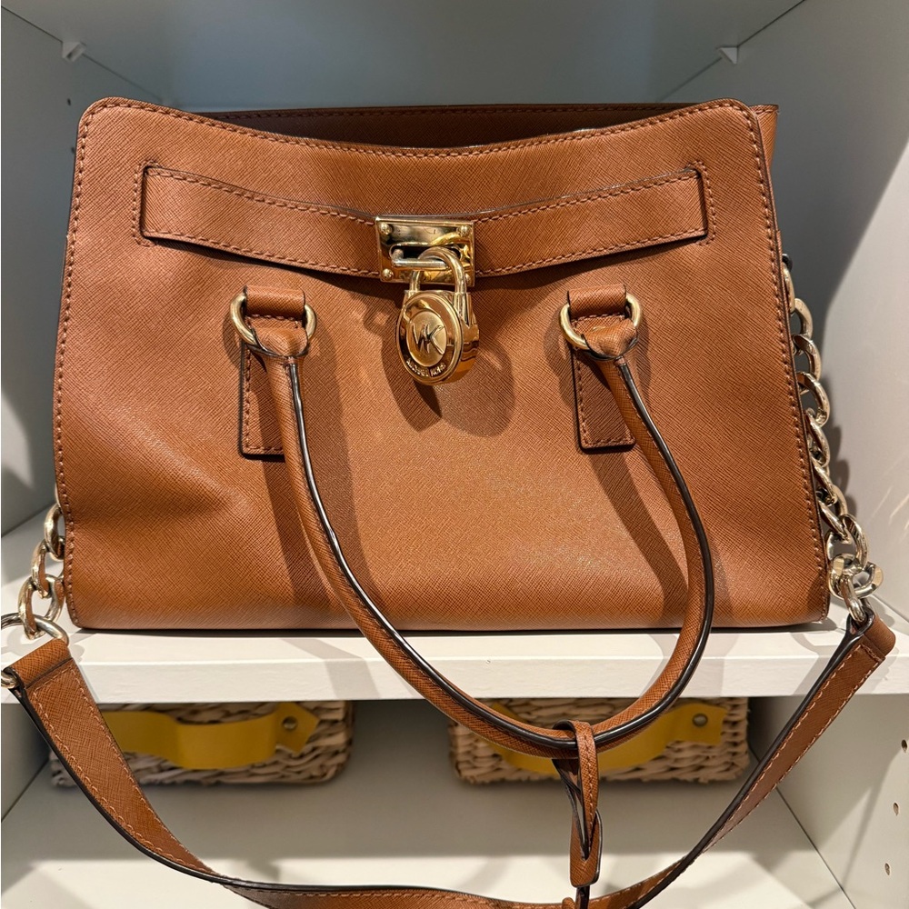 Michael Kors Hamilton Saffiano Leather Satchel in Luggage Brown – Gold Hardware